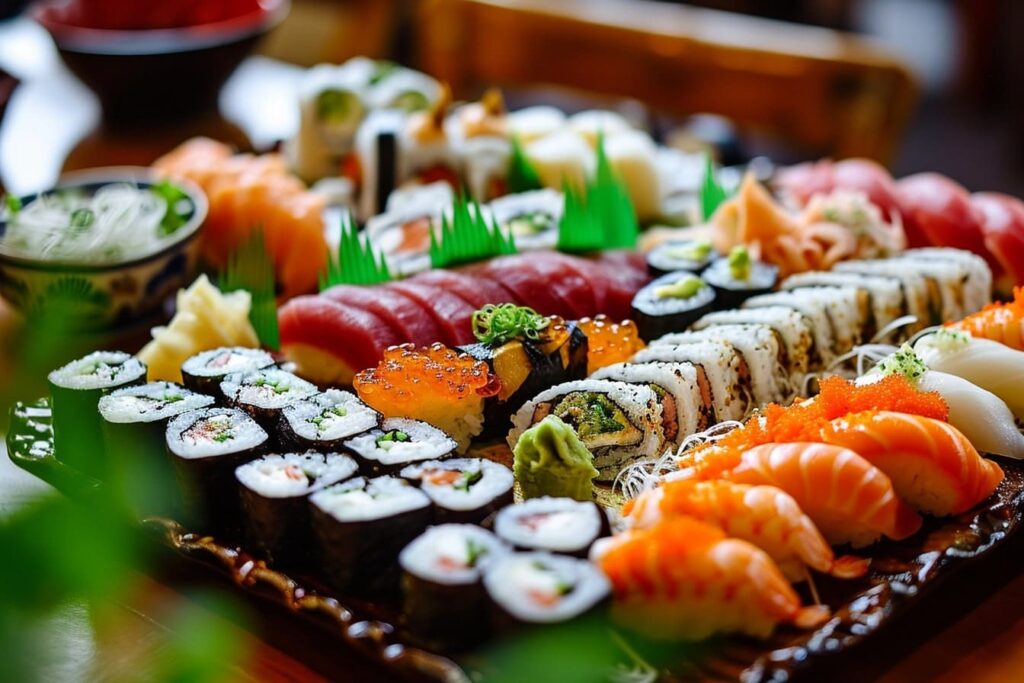 A huge platter of varied sushi roles in a Japanese restaurant in Winnipeg
