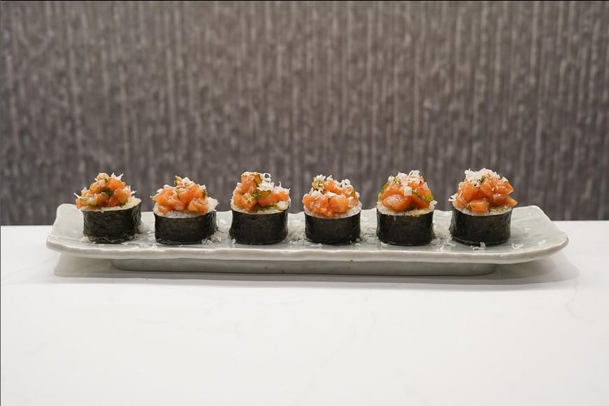 A row of sushi rolls in Yujiro Japanese restaurant in Winnipeg
