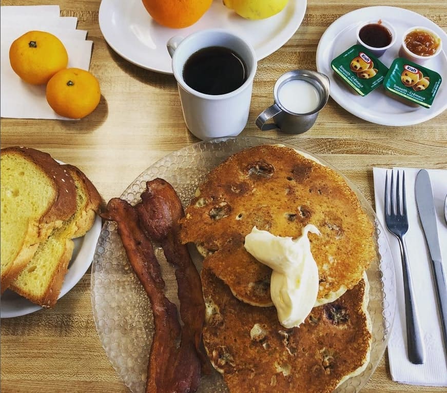 A dish of pancakes and bacon in Bernstein's Deli in Winnipeg