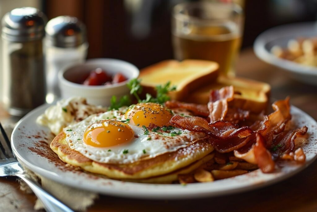 A photo of a classic breakfast dish, with bacon, eggs, toast, pancakes and hashbrowns