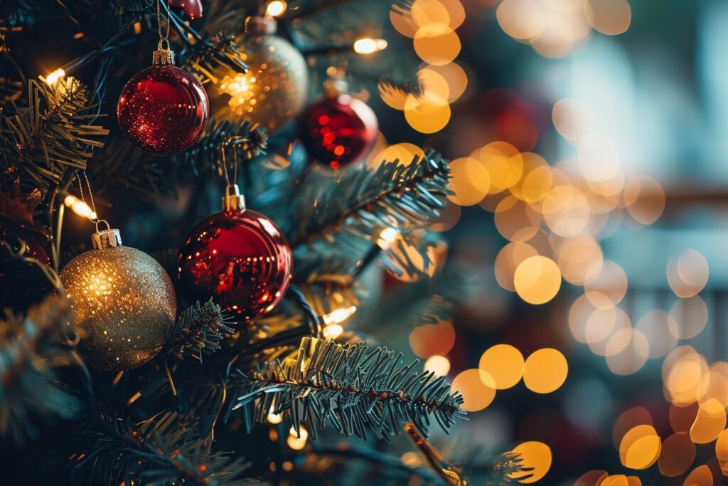 A close up photo of a decorated Christmas tree