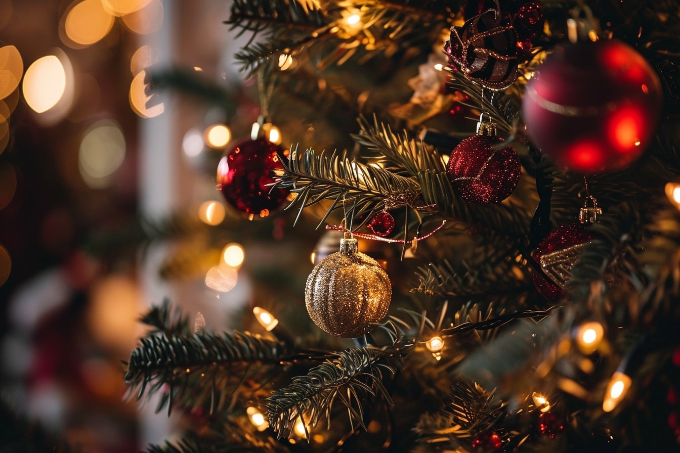 A close up photo of a decorated Christmas tree