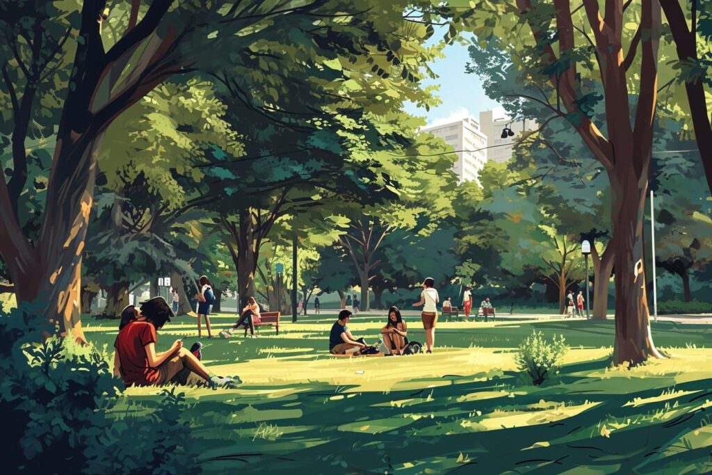 An illustration of people enjoying a day in a Winnipeg park
