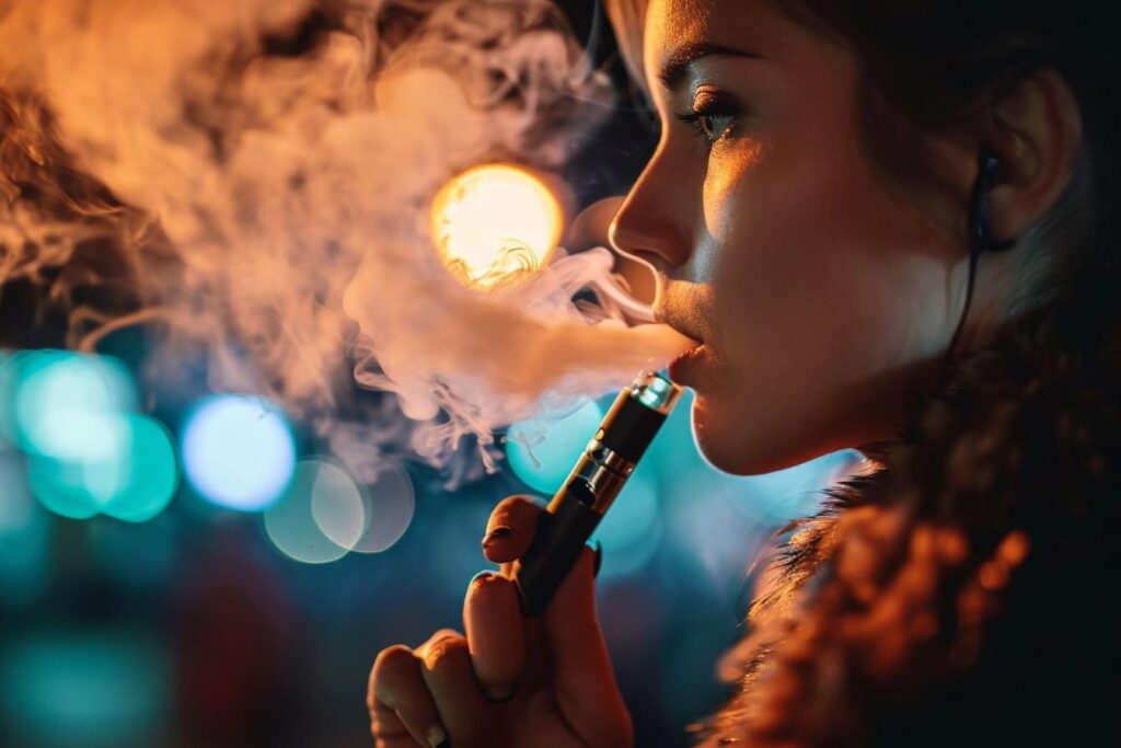 A photo of a young woman vaping