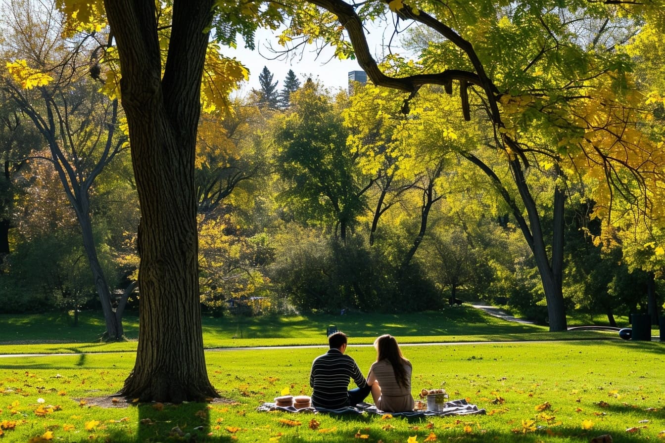A photo of a couple having a picnic in Assiniboine Park in Winnipeg