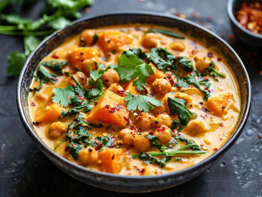 A photo of a bowl of vegan coconut curry, brimming with sweet potatoes, chickpeas, and spinach, garnished with red chili flakes and cilantro, set on a dark, moody table surface